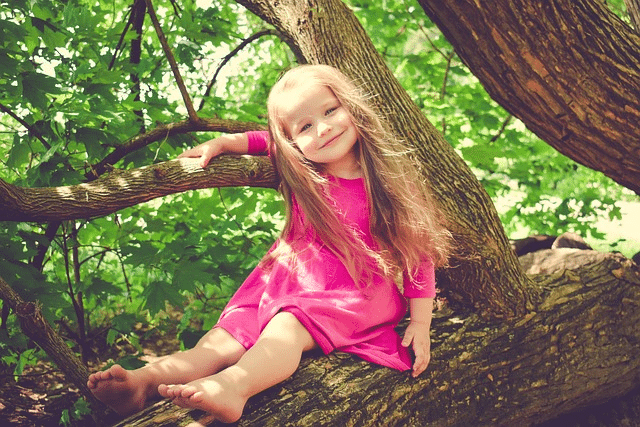 girl, tree, outdoors, toddler, excited